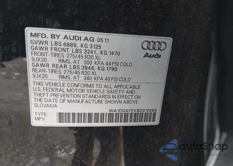 2011 Audi Q7 3.0T S Line Prestige из США, поврежденный, VIN WA1DGAFEXBD010689